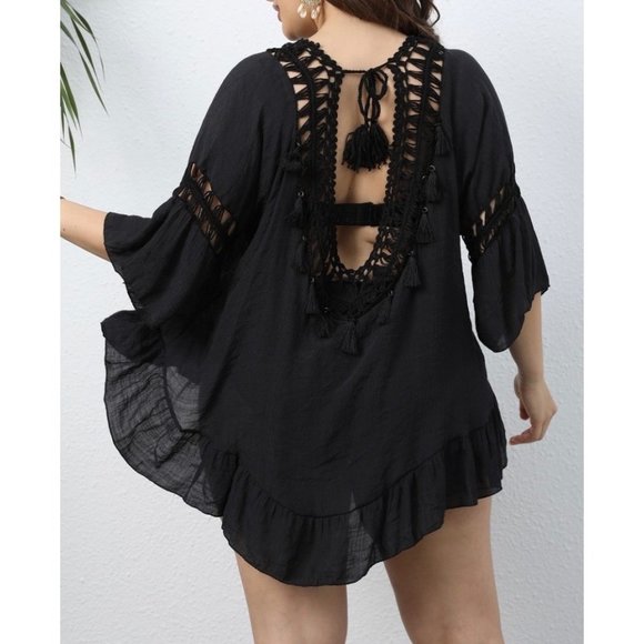 New Black Crochet Short Beach Swim Coverup - Picture 5 of 16